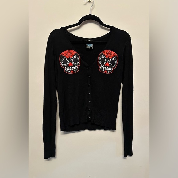 Too Fast Black and Red & Black Sugar Skull Cardigan Sweater Medium - Picture 1 of 5